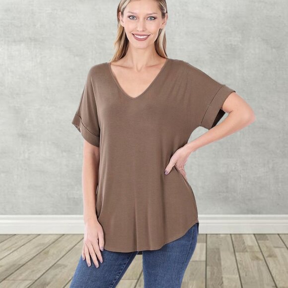 SOFT! Stretchy Luxe Rayon Short Cuff Sleeve V-Neck T-Shirt - Picture 8 of 11